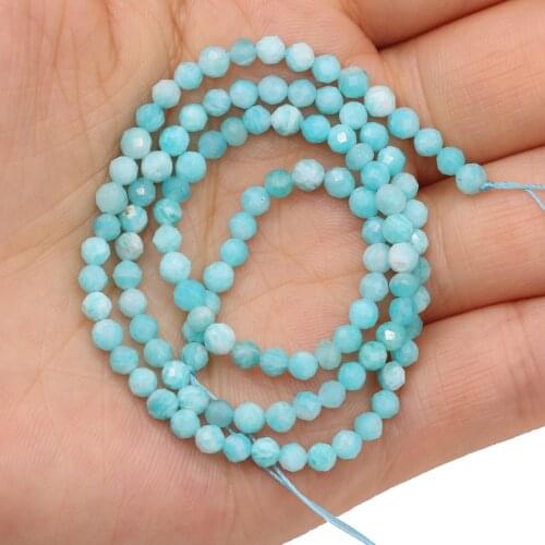 Small Faceted Loose Round Beaded Natural Tianhe Stone Blue Amazonite Beads Strand 14'' for Jewelry Making DIY Necklace Bracelet