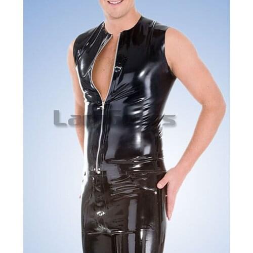 Men Latex Tank Tops RubberT-shirt rubber fetish exotic tank tops with front zip