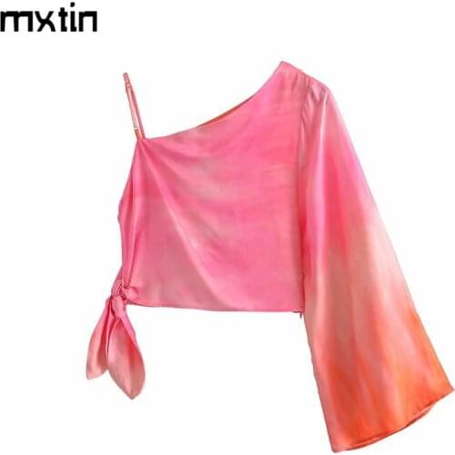 MXTIN 2021 Women Spring Fashion Tie-dye Asymmetry Shirt Blouses Vintage Summer Bow Tie Shirts Female Party Blouses Camisas Tops