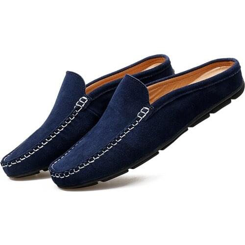2021 Men Half Shoes Casual Luxury Brand Italian Handmande Mules Men Driving Shoes Suede Leather Summer Slippers Loafers Blue