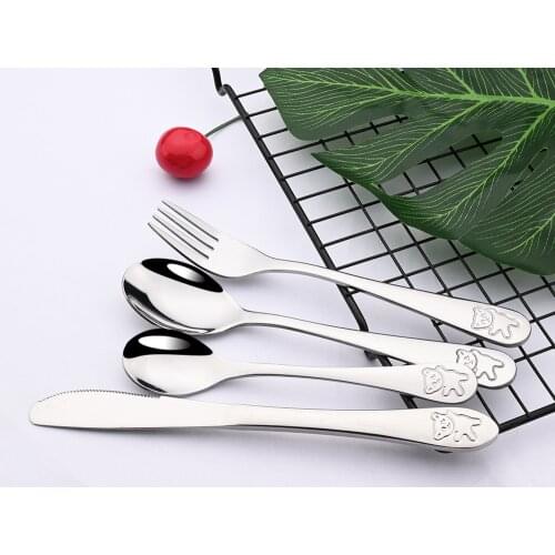 4Pcs Baby Tableware Set Children Utensil Stainless Steel Toddler Dinnerware Cutlery Cartoon Food Feeding Spoon Fork Flatware