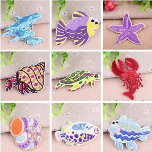 The underwater world Fish,Crab,starfish Patches Conch lobster Iron On For Clothes Children T-shirt Sweater DIY Decoration
