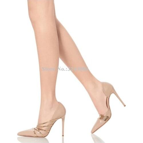 New Nude Leather Gold Straps Stiletto Heel Pumps Shoes Women Sexy Black Suede Pointed Toe Single Shoes Lady Popular Dress Shoes