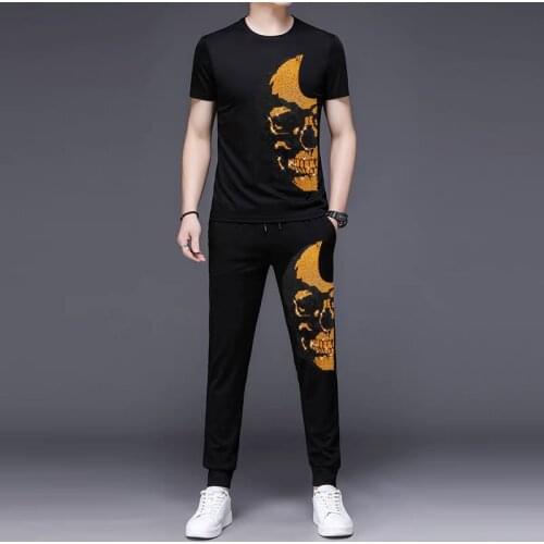New Spring And Summer Korean Suit Mens Shiny Night Hot Drilling Skull T-Shirt + Trousers Youth Trend Exquisite Two-Piece