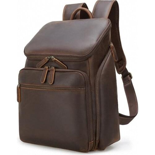 Luxury Backpack Men Crazy Horse Genuine Leather Back Pack Laptop Bag Business Casual Fashion Male Brown Bags 2021 High Quality