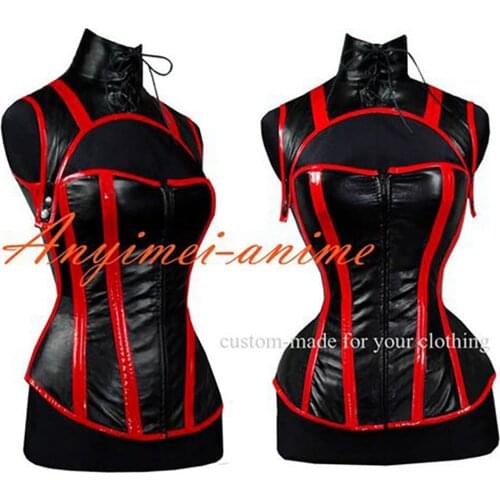 Sissy maid Black Faux Leather Bustier Zip Up Wetlook Boned Corset cosplay costume Tailor-made[G409]