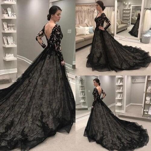 Sexy Long Sleeve Lace Wedding Gowns Handmade A Line V Back Bridal Dresses Elegant Black Wedding Dress robe de mariee