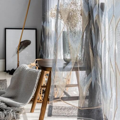 European Grey Geometric Embroidery Tulle Curtains for Living Room Semi-Blackout Discolored Advanced Gauze for Bedroom ZH055 #VT