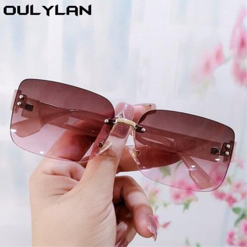 Oulylan Womens Rimless Sunglasses Vintage Gradient Square Sun Glasses Ladies Hollow Temples Outdoor Shading Eyewear Blue UV400