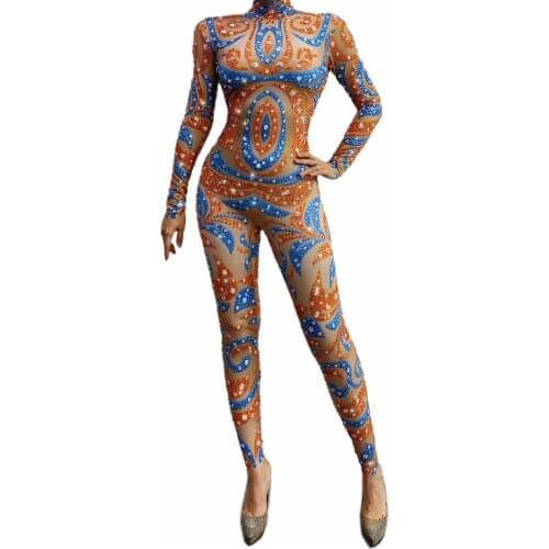 Sparkling Rhinestone Women Jumpsuit Female Sexy Tight Fitting Crystal Bodysuit Birthday Celebration Party Rompers Dancer Costume