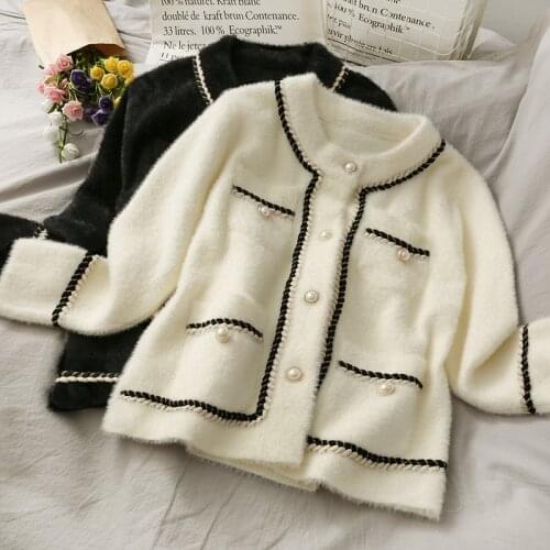 2021 New Mink Cashmere Loose Sweater Cardigan Jacket Women Autumn and Winter Short Bright Silk Stripe Thickened Knitted Top Coat