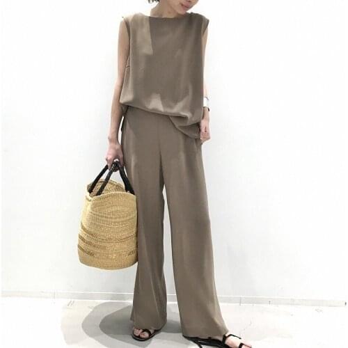 Two Piece Sets Women 2ps Vest Sleeveless Wide Leg Pants Chiffon Solid Color Light Coffee Fashion Casual Japanese Style 2021 New