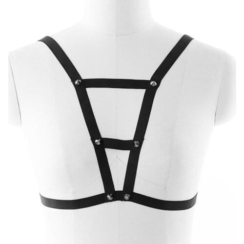 Women Pastel Goth Punk Rivet Black Body Harness Cage Bra Elastic Sexy Lingerie Bondage Harness Bra Rave Suspender Belt