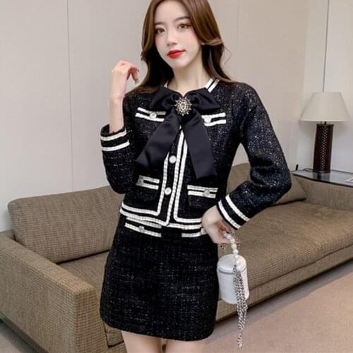 2021 High Quality Autumn High Street Tweed Two Piece Set Women Diamonds Bow Sequin Jacket Coat Skirts Sets Small Fragrance Suits
