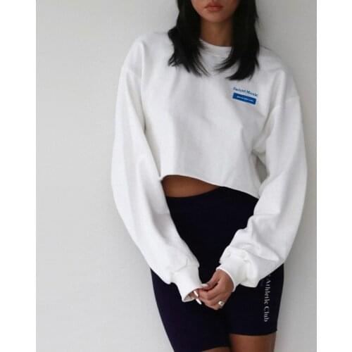 Women Letter Front Crop Raw Hem Relaxed Fit Sweatshirt A592