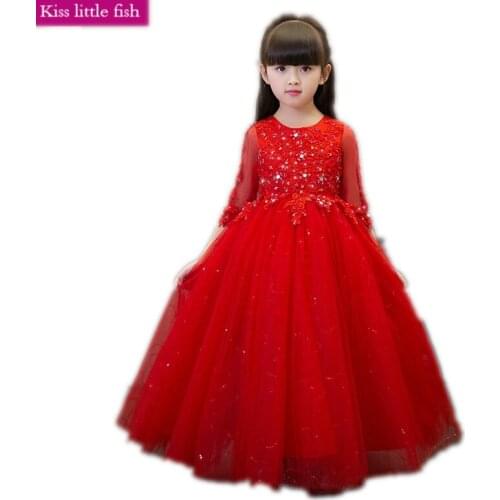 Free shipping New Long Red Lace flower girl dresses Vestido infantil festa