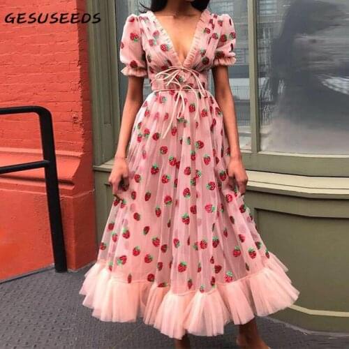 Sexy v neck dress short sleeve elegant dresses women party long dress strawberry sequin dresses mesh lace up black dress pink