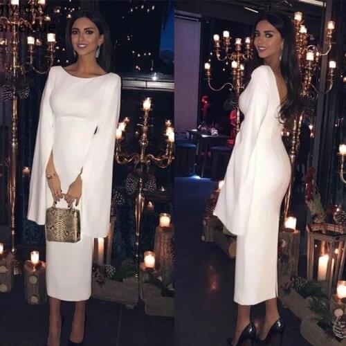 High Quality Elegant White Sheath Long Sleeve Cocktail Dresses Slim Backless Boat Neck Formal Party Dresses Vestido De Fiesta