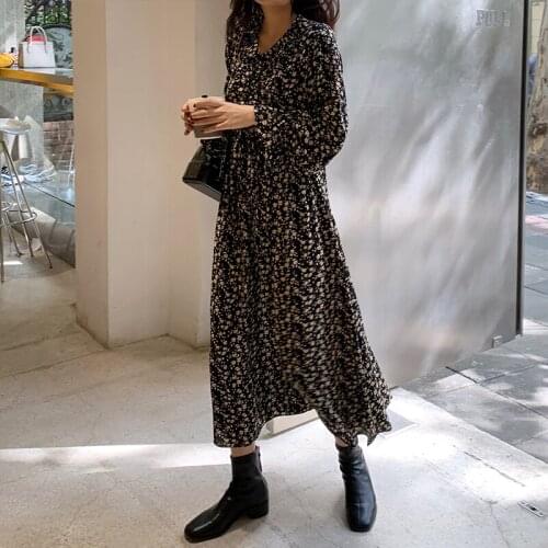 2021 Korean Spring And Summer Dress Retro V-Neck Print Long Sleeve Casual Temperament Dress Women High Waist Floral Slim Fit