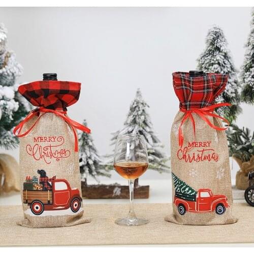 Christmas Decoration Supplies Wine Bottle Cover Creative Lattice Linen Car Wine Bottle Bag