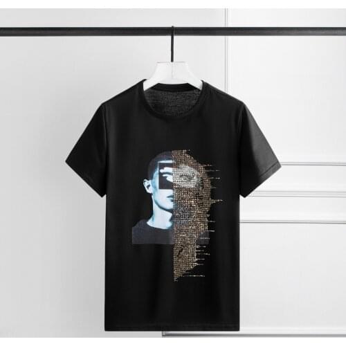 100% Cotton Black Mens Luxury Diamonds Design Short Sleeve Round Collar Men T-shirts Plus Size 4xl T-shirt Man