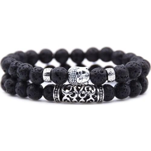 DOKOL 2 Pcs Set Black Lava Beaded Bracelets Buddha Natural Stone Yoga Mens Women Bracelet Rosary Jewelry DKB0115