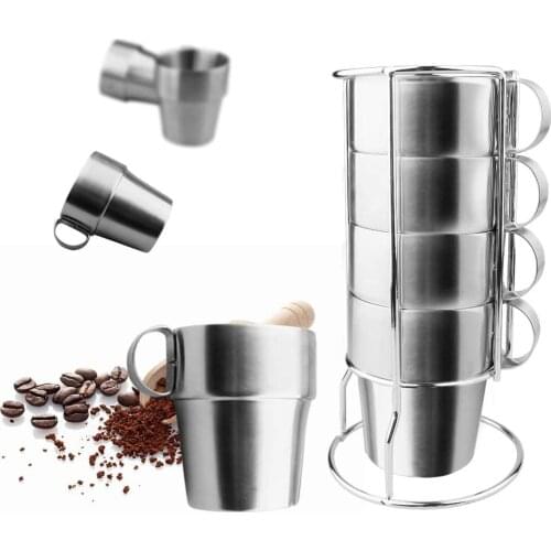 4pcs/set 300ml Double Layer Stainless Steel Water Cup Anti-Scald Stackable Water Coffee Cup Set with Cup Holder Stand Organizer
