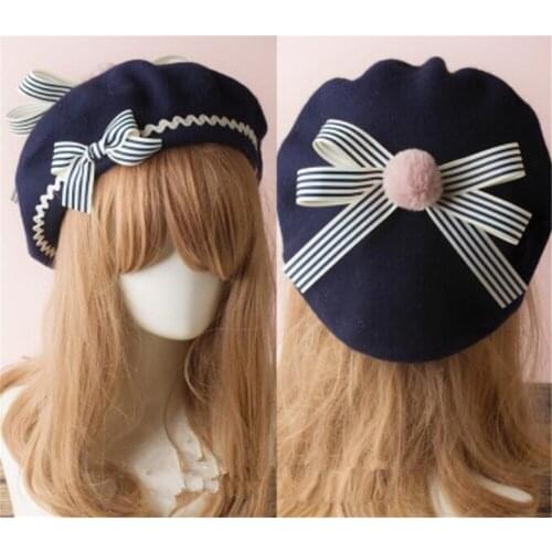 Lolita Berets Wool Blend Hat Women Girls Bow Plaids Stripe Sailor Style Preppy Chic College Students Cap B788
