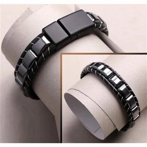 Hematite Natural Stone Male Leather Bracelet Women Unisex Stylish Gift