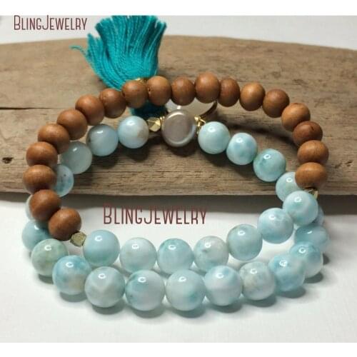 Larimar Stone Stretch Bracelet Sandalwood Bracelet Stacking Boho Stretch Bracelet Genuine Dominican Larimar Beadwork BM31728