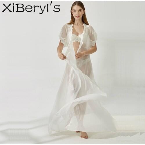 XiBeryls Elegant Lace Bride Honneymoon Robe With Cotton Lace Trim