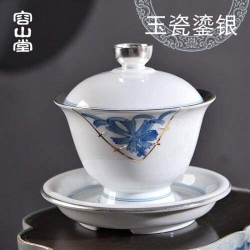 Gude jade porcelain gilt silver covered teacup large household tea maker Sancai tea bowl white porcelain kungfu tea set