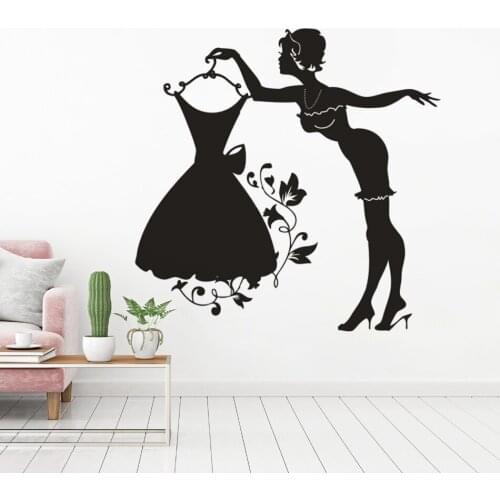 Chloth Shop Window Vinyl Sticker Floral Dress Wall Art Sticker Dress Lady Wall Poster For Decor Beauty Lady Sticker Art AZ085