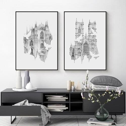 Pigeon and church decoration painting modern minimalist restaurant mural sketch architectural decoration painting hanging paint