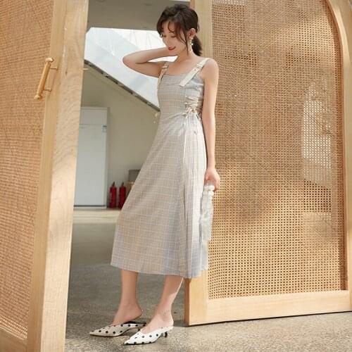 Sweet Girls Dresses Female 2021 Summer New Retro Spaghetti Strips Check Holiday Fashion Dress Vestidos Robe Femme