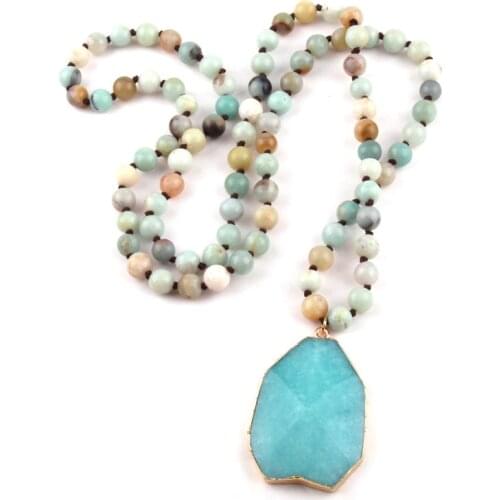 MOODPC Fashion Bohemian Jewelry Amazonite Stone Knotted Blue Square Pendant Women Necklace