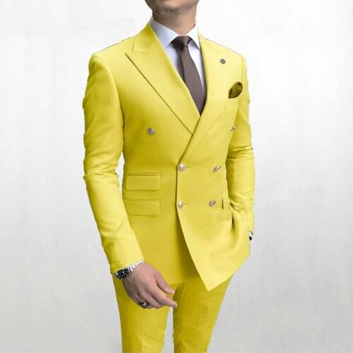 2021 New Fashion Design Prom Party Suits Yellow Men Slim Fit Suits Doube Breasted Weding Suit For Men Costume Homme Jacket+Pants