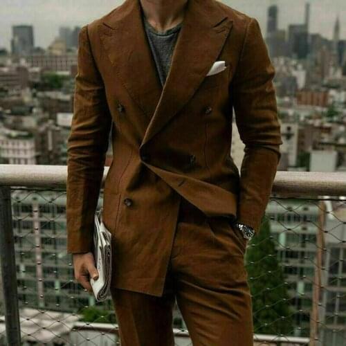 Autumn Fashion Vintage Tuxedo Groom Suits For Men Wedding Brown Mens Suit Peak Lapel Double Breasted Work Wear Casual Tailored