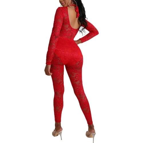 BAMBOOBOY Spring Autumn New Womens Sexy Open Back Lace Hollow Out Long Sleeve Fitted Bodycon Party Club Jumpsuit ZL1235