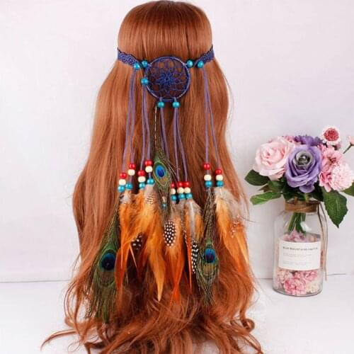 Hippie Bohemian Women Dreamcatcher Headband Indian Colored Beaded Artificial Peacock Feather Cosplay Party Hair Accessories