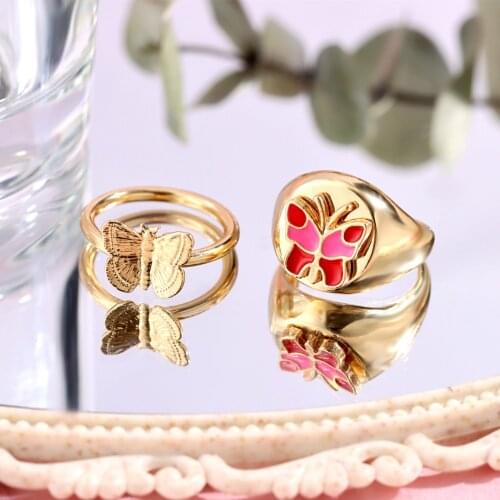 JUST FEEL 2 Pcs/Set Fashion Simple Metal Butterfly Rings For Women Gold Silver Color Cute Animal Enamel Rings Party Jewelry Gift
