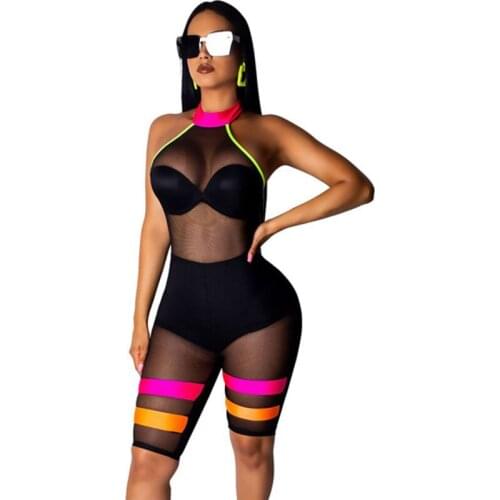 See Through Mesh Bodycon Jumpsuit Shorts Playsuit Women Halter Sleeveless Backless Sexy Romper Female Skinny Night Club Bodysuit