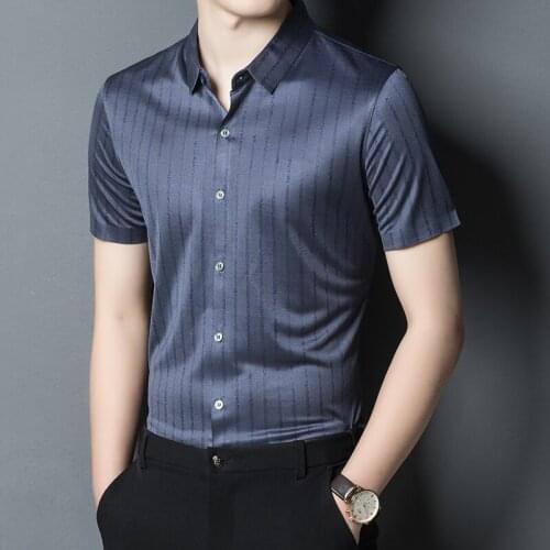 High Quality Summer Grey Striped Ice Silk Mens Shirts Smooth Cozy Work Shirts Large Sizes Office Social Satin Mens Clothing Dad