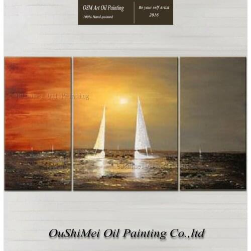 Artist Handmade High Quality Modern Abstract Seascape Oil Painting White Boats Shipping Under the Sunset Oil Painting Decoration