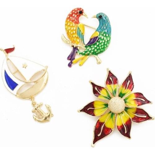Cute 3 Styles Colorful Multicolor Enamel Brooches Flower Bird Nautical Sailing Ship Brooches Corsage Charming Coat Scarf Jewelry