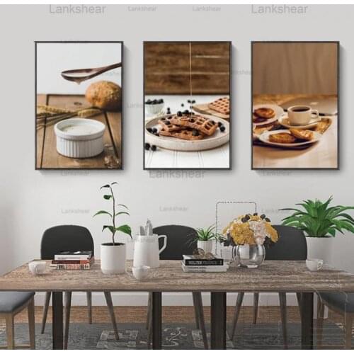 Modern Food Drink Poster Waffle Coffee Blueberry Posters and Prints Wall Art Canvas Painting Pictures for Dining Room Decoration