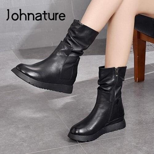 Johnature Women Boots Winter Shoes Genuine Leather Zip 2021 New Warm Handmade Concise Height Increasing Leisure Platform Boots