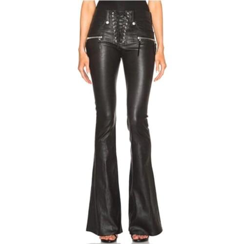 2020 Womens water wash PU lacing leather pants punk Drawstring slim hip bag slim big boot cut women fashion trousers w1812