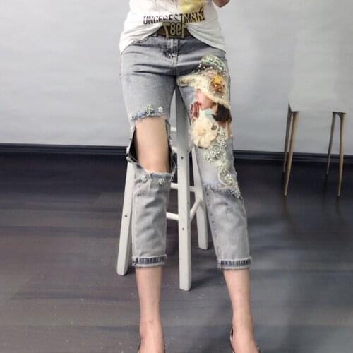 Big Hole Jeans Woman Summer New Fashion Industrial Bronze Holes Hot Drilling Flower Cropped Denim Pants Girls Ladies Jeans Jean
