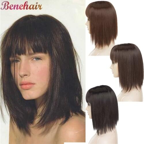 Benehair 11 Inch Synthetic Hair Clip In Hairpieces Straight Hair With Bangs For Women Clip On Hair Extension Black Brown Color